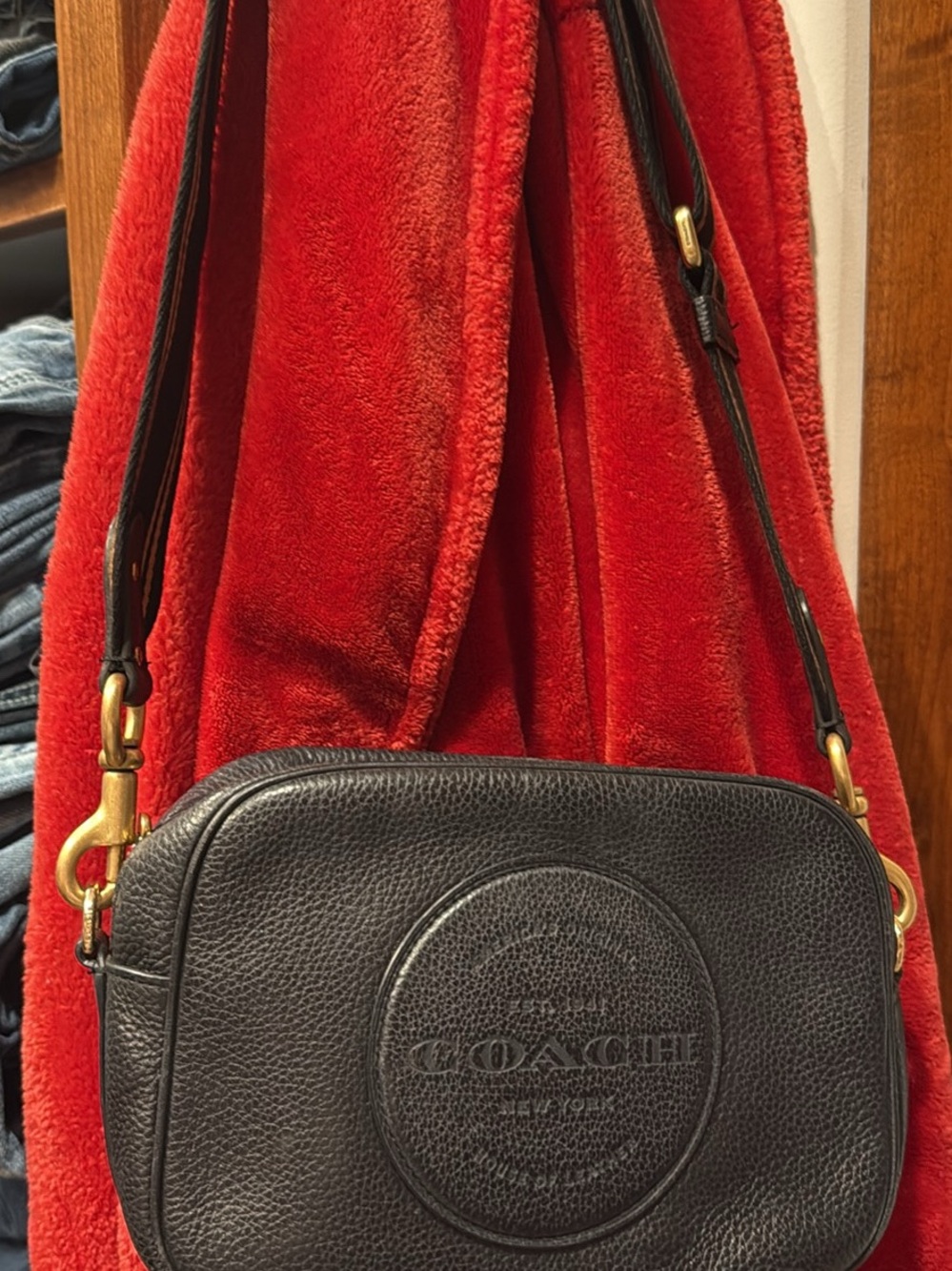 Coach Black Pebbled Leather Camera Crossbody with Brass Hardware